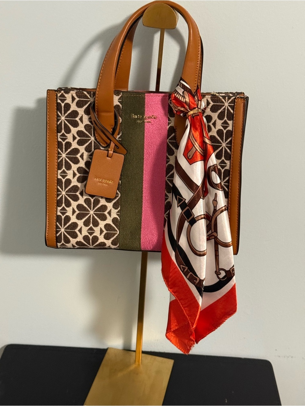 kate spade Brown Floral Canvas Tote with Pink & Olive Center Stripe and Tan Trim